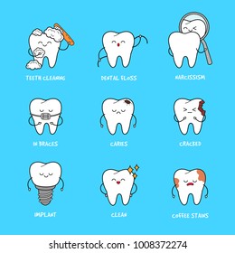 Happy Teeth Set. Cute Tooth Characters. Dental Personage Vector Illustration. Dental Concept For Your Design. Illustration For Children Dentistry. Oral Hygiene, Teeth Cleaning. Teeth Poster.