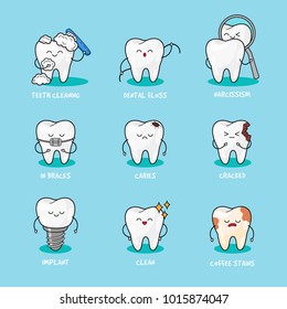 Happy teeth set. Cute tooth characters. Dental personage vector illustration. Dental concept for your design. Illustration for children dentistry. Oral hygiene, teeth cleaning. Teeth sticker.