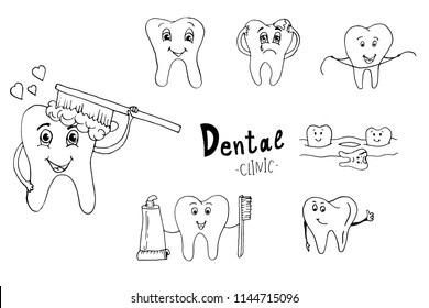 Happy teeth set. Cute tooth characters. Dental personage vector illustration. Dental concept for your design. Illustration for children dentistry. Oral hygiene, teeth cleaning. Teeth poster.