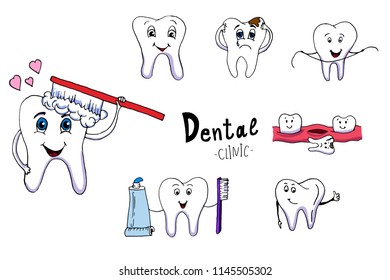 Happy teeth set. Cute tooth characters. Dental personage vector illustration. Dental concept for your design. Illustration for children dentistry. Oral hygiene, teeth cleaning. Teeth poster.