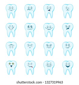 Happy teeth set. Cute tooth characters. Dental personage vector illustration. Children dentistry.