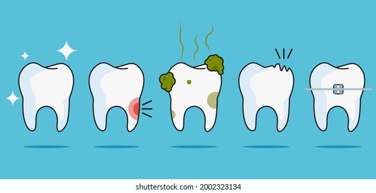 Happy teeth set. Cute tooth characters. Dental personage vector illustration. Dental concept for your design. Illustration for children dentistry. Oral hygiene, teeth cleaning. Teeth poster.