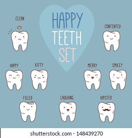 Happy Teeth Set. Dental Collection For Your Design. Vector Cartoons. Illustrations For Children Dentistry.