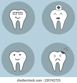 Happy teeth set. Dental collection for your design. Vector cartoons. Illustrations for children dentistry.