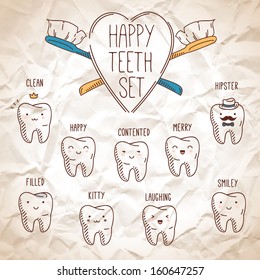 Happy teeth set. Dental vector cartoons. Illustration for children dentistry. Crumpled paper background.