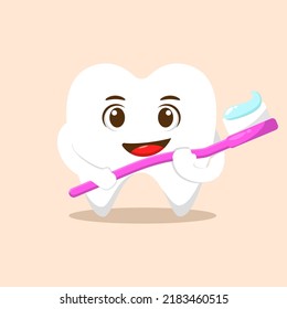 Happy teeth with toothbrush cartoon vector illustration