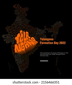 Happy Telangana Formation Day 2022. Telangana map typography.