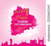 Happy Telangana State Formation Day In English. June 2nd,  Hyderabad Famous Silhouettes Abstract Pink background Vector Design Illustration 