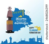 Happy Telangana State Formation Day In Telugu. June 2nd, Hyderabad Famous Silhouettes, icons Vector Design Illustration	