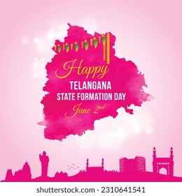 Happy Telangana State Formation Day In English. June 2nd,  Hyderabad Famous Silhouettes Abstract Pink background Vector Design Illustration 