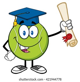 Happy Tennis Ball Cartoon Mascot Character With Graduate Cap Holding A Diploma. Vector Illustration Isolated On White