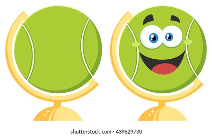 Happy Tennis Ball Cartoon Mascot Character On Desk Globe. Vector Illustration Isolated On White Background Collection Set