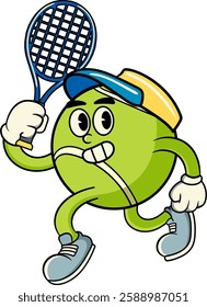 Happy Tennis Ball holding racket Sport mascot character in Vintage Style