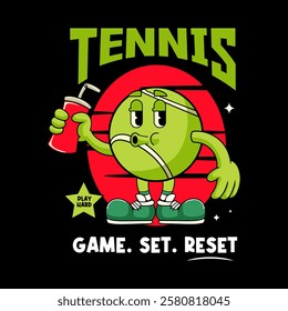 Happy Tennis Ball Sport mascot cartoon character in Vintage Style