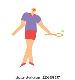 Happy tennis player hitting a ball with racket. Cartoon flat vector character. Young guy playing tennis