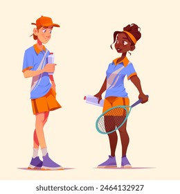 Happy tennis players set isolated on background. Vector cartoon illustration of young african woman with racket in hand, active man with water bottle, athletes smiling, people living healthy lifestyle