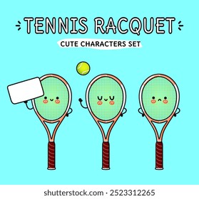 Happy Tennis racquet characters bundle set. Vector hand drawn doodle style cartoon character illustration icon design. Isolated on blue background. Tennis racquet mascot character collection