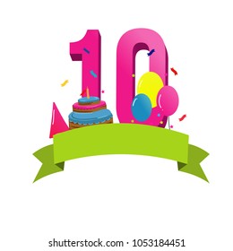 Happy tenth birthday card vector with cake and balloons