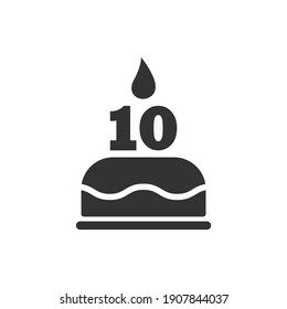 Happy tenth birthday icon. Cake with a candle in the form of the number 10. Vector symbol EPS 10
