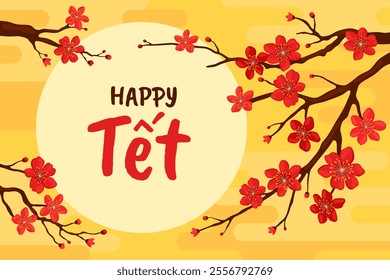 Happy Tet. Branch with red sakura flowers on a yellow background. Card or banner for Lunar New Year, Vietnamese New Year, Chinese New Year. Spring apricot, cherry or apple flowers.