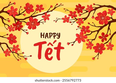 Happy Tet. Branch with red sakura flowers on a yellow background. Card or banner for Lunar New Year, Vietnamese New Year, Chinese New Year. Spring apricot, cherry or apple flowers.