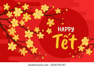 Happy Tet. Branch with yellow apricot flowers on a red background. Card or banner for Lunar New Year, Vietnamese New Year, Chinese New Year. Spring cherry or apple flowers.