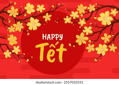 Happy Tet. Branch with yellow apricot flowers on a red background. Card or banner for Lunar New Year, Vietnamese New Year, Chinese New Year. Spring cherry or apple flowers.