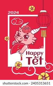 Happy Tet Poster with cute Dragon holding accordion fold