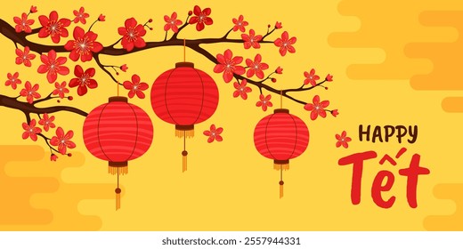 Happy Tet. Red round silk or paper Asian lanterns hang on a branch with red sakura flowers, yellow background. Vietnamese or Chinese lanterns. Lunar New Year. Spring apricot, cherry or apple flowers.