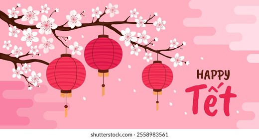 Happy Tet. Red round silk or paper Asian lanterns hang on a branch with white sakura flowers, pink background. Vietnamese or Chinese lanterns. Lunar New Year. Spring cherry or apple flowers.