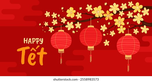 Happy Tet. Red round silk or paper Asian lanterns hang on a branch with yellow apricot flowers, red background. Vietnamese or Chinese lanterns. Lunar New Year. Spring sakura, cherry or apple flowers.