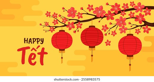 Happy Tet. Red round silk or paper Asian lanterns hang on a branch with red sakura flowers, yellow background. Vietnamese or Chinese lanterns. Lunar New Year. Spring apricot, cherry or apple flowers.