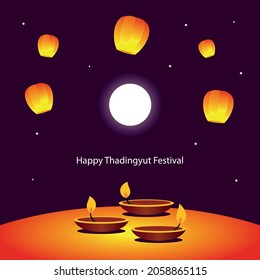 Happy Thadingyut or Tazaungmon or Tazaungmone or Tazaungdaing Light Festival Full Moon Day with Candle Light in Myanmar Vector Illustration