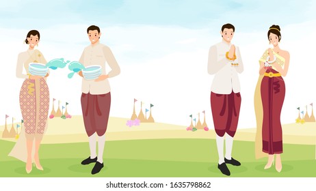 happy Thai couple enjoy Songkran water festival with copy space eps10 vectors illustration