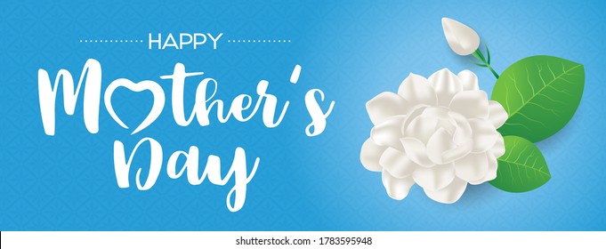 Happy Thai mother's day banner with jasmine flower on blue background. Vector