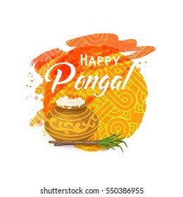 Happy Thai Pongal. Indian Harvesting Festival. Religious Celebration With Rice, Milk, Traditional Pot, Sugarcane. Watercolor Background, Rangoli, Kolam. Template For Greeting Card. Vector Illustration