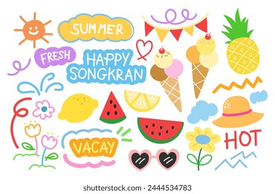 Happy Thai Songkran icons including campaign logo, watermelon, ice cream, lemon, sunglasses, flowers, pineapple, hot font, typography, sunny day, cloud for water festival icons, summer fruit, patches