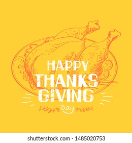 Happy Thankgiving day. American holiday with traditional fry turkey dish silhouette and text 