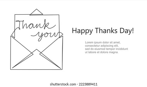 Happy thanks day. Continuous one line drawing of envelope with inscription"Thank you".Mail icon concept. Concept of  Continuous one line drawing. 