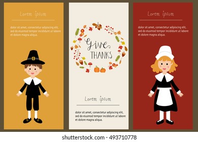 Happy Thanks giving banner with pilgrim  costume children vector. illustration EPS10.