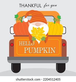 Happy thanks giving card with gnome and pumpkin on the car