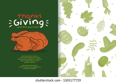 happy thanks giving with chicken meat and pattern vector