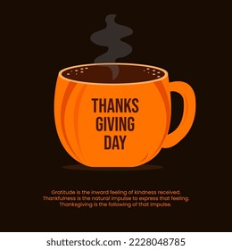 Happy thanks giving in a coffee mug, vector illustration, greeting card, social media post, banner, poster, flyer, decoration card, invitation card