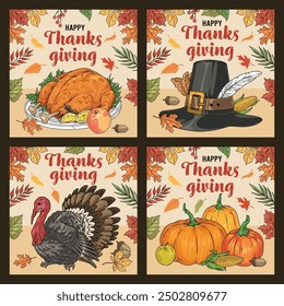 Happy Thanks giving colorful set stickers with pumpkins and turkeys or hats to promote celebrations during october holidays vector illustration
