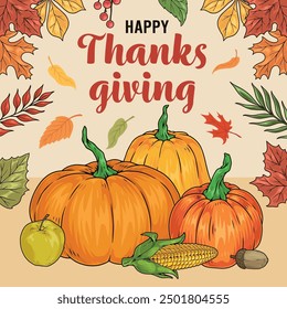 Happy Thanks giving colorful vintage poster with pumpkins and corn or apples for harvest holiday advertising design vector illustration