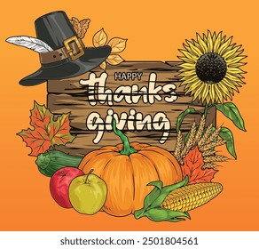 Happy Thanks giving colorful vintage flyer with harvest and pilgrim hat near wooden street sign with congratulations vector illustration