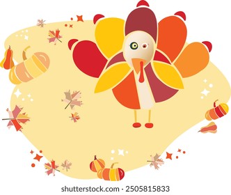Happy thanks giving day! A colorful cartoon for kids, babies prints. Funny cute abstract stylized turkey, pumpkins and autumn leaves. Geometric shapes, orange colors