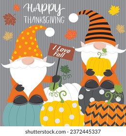 Happy thanks giving day design with gnomes and pumpkins