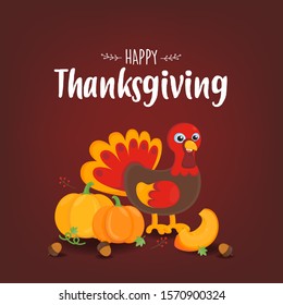 Happy Thanks Giving greeting card. Cute Turkey with red autumn background. 