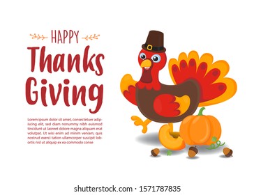Happy Thanks Giving greeting card. Cute Turkey with red autumn background. 